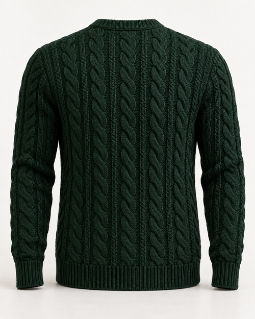 Cable Knit Jumper Timeless Refined in dark spruce, back view