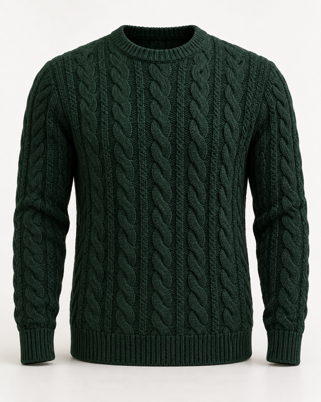Cable Knit Jumper Timeless Refined in dark spruce, front view