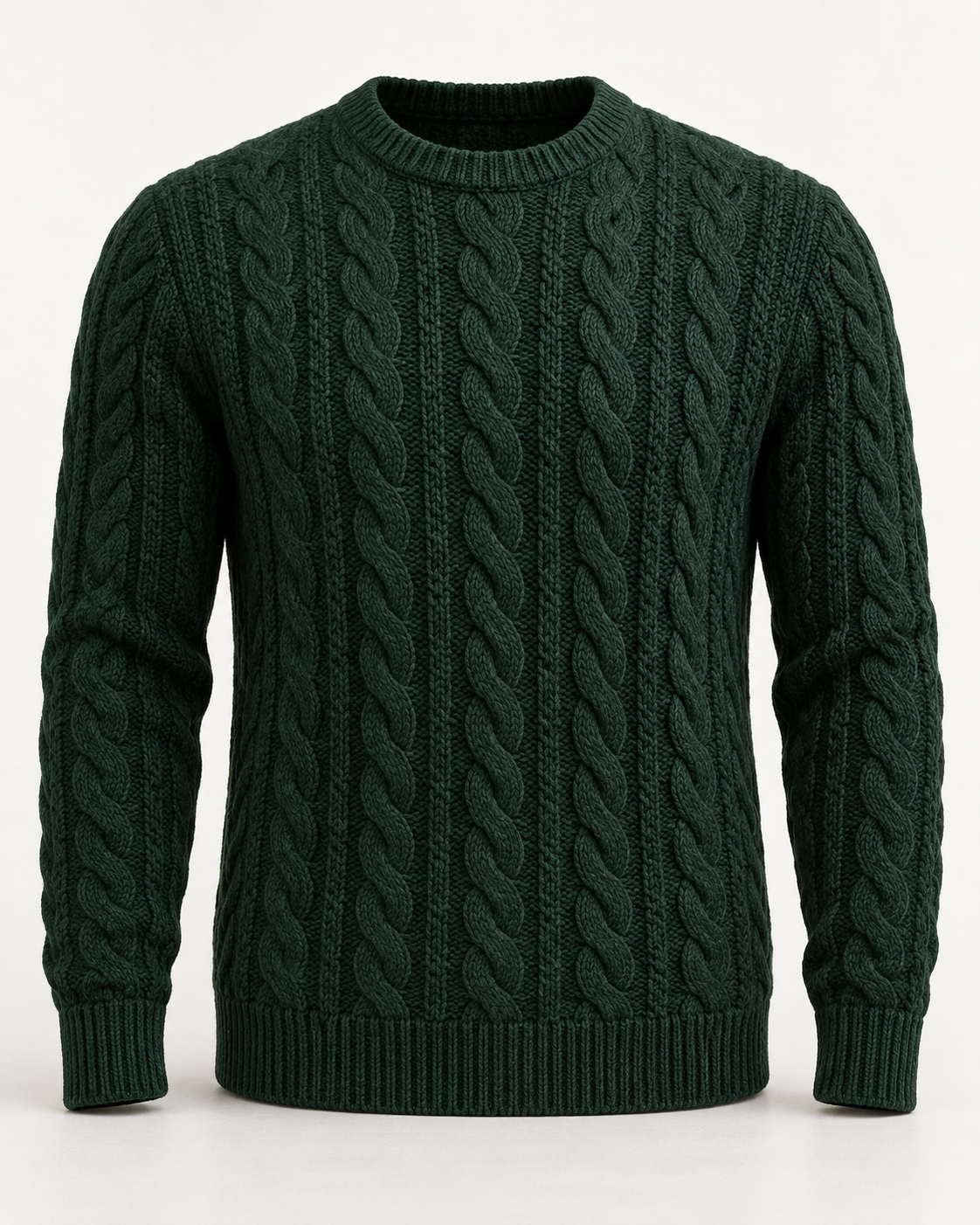 Cable Knit Jumper Timeless Refined in dark spruce, front view