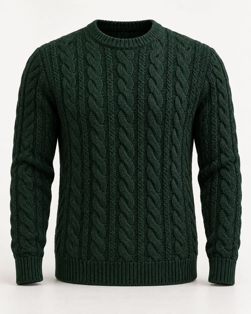 Cable Knit Jumper Timeless Refined in dark spruce, front view
