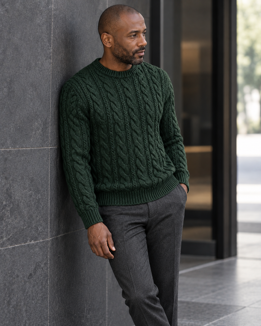 Man wearing Cable Knit Jumper Timeless Refined beside a slate-grey doorway