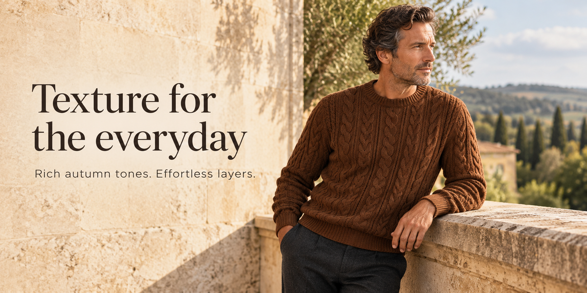 Texture for the everyday. Rich autumn tones. Effortless layers. Model wearing the CALVERN chestnut cable knit jumper.