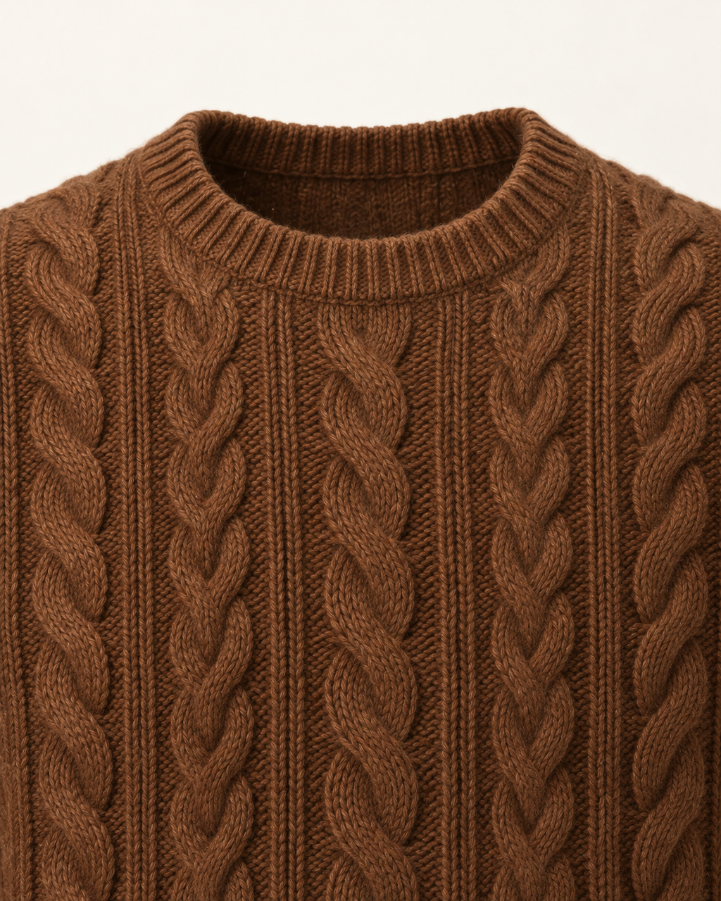 Cable Knit Jumper Rustic Heritage in chestnut brown — Ribbed crew neckline detail