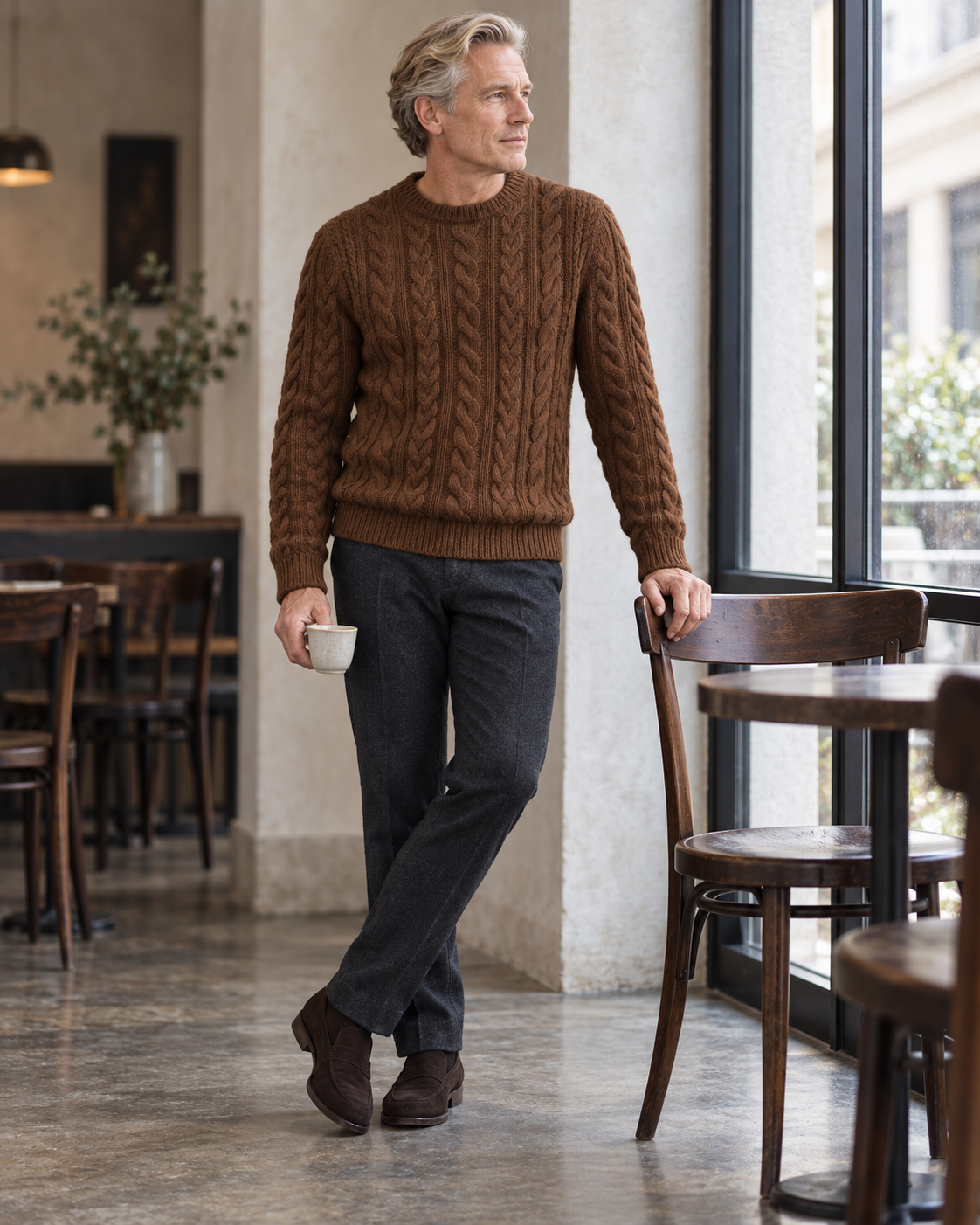 Cable Knit Jumper Rustic Heritage in chestnut brown — Styled at a cafe
