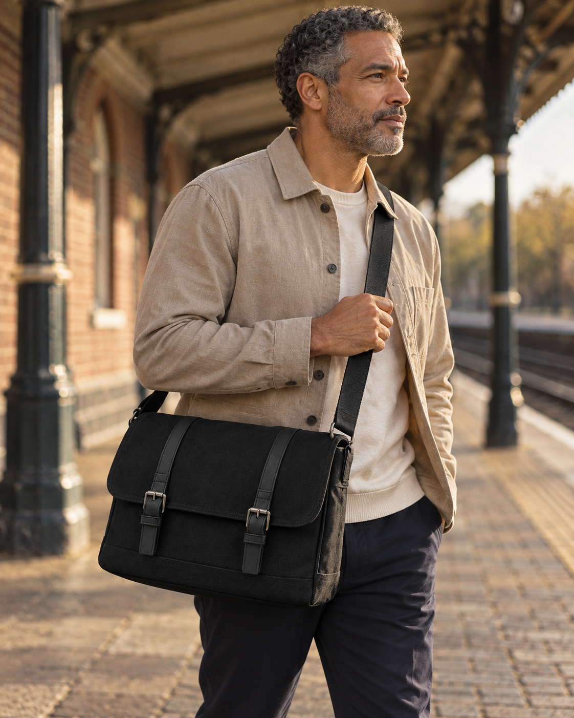 Man carrying the Canvas Messenger Bag Urban Refined at a railway platform
