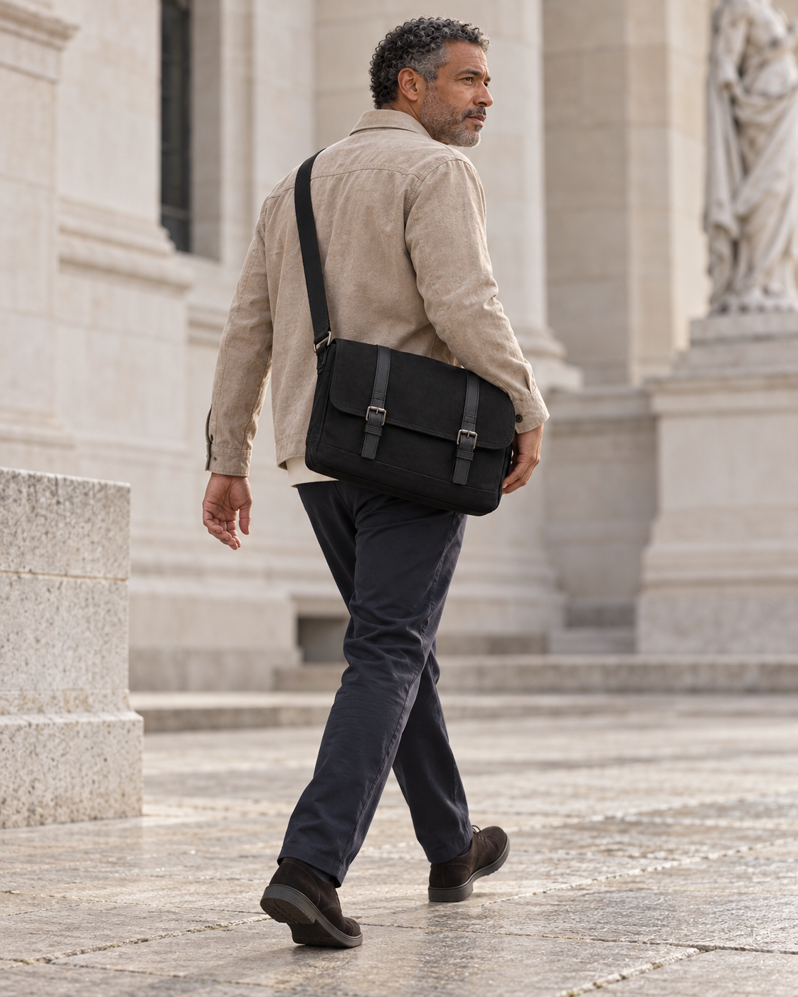 Man wearing the Canvas Messenger Bag Urban Refined crossbody in a stone courtyard