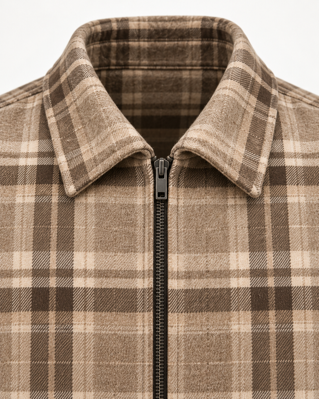 Point collar and zip detail of Check Overshirt Modern Refined