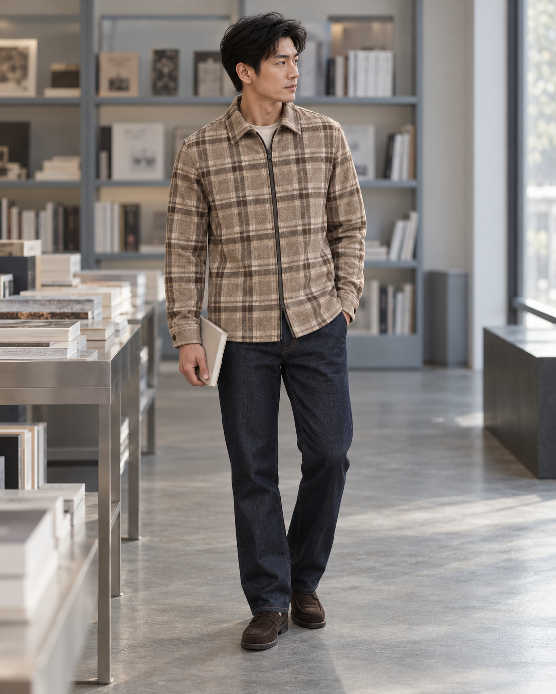 Man wearing Check Overshirt Modern Refined inside a bookshop