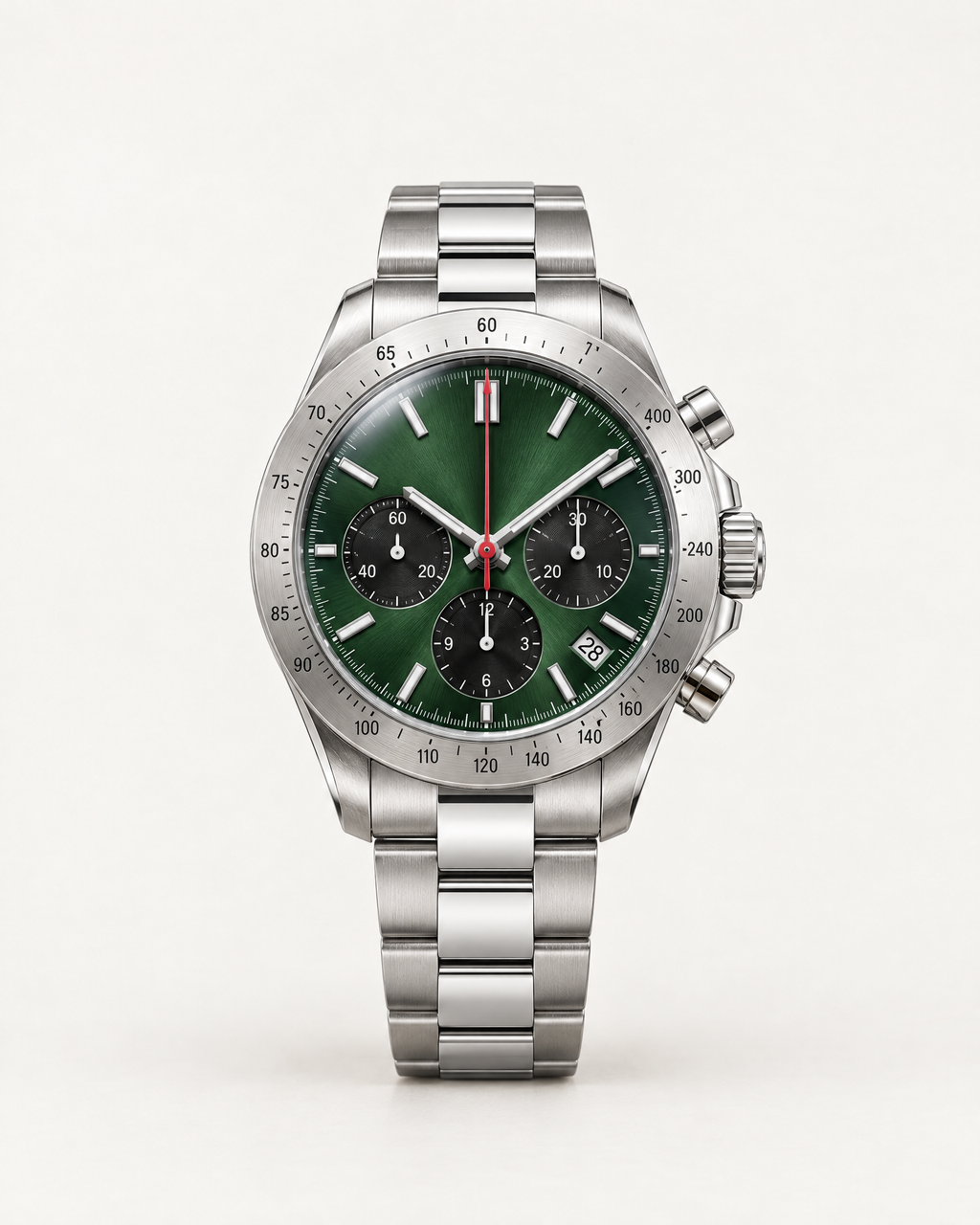 Chronograph Watch Sleek Precise in silver and green, front view