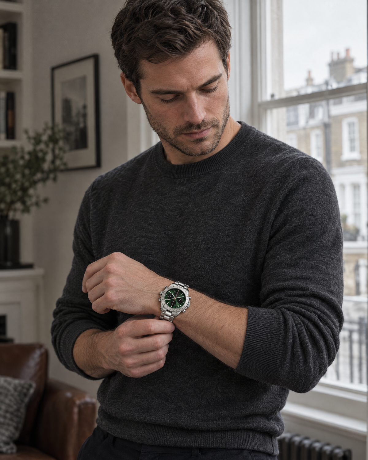 Man adjusting the Chronograph Watch Sleek Precise on his wrist by a townhouse window