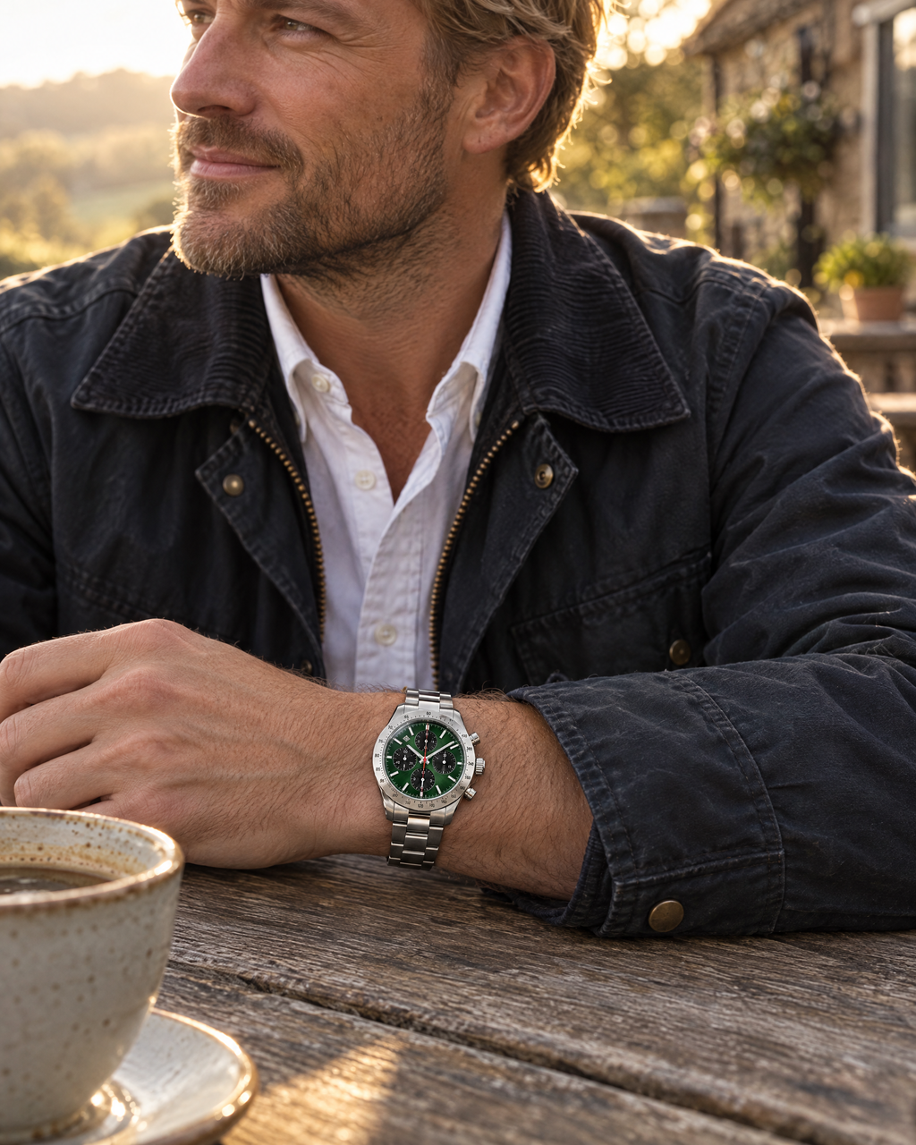 Man wearing the Chronograph Watch Sleek Precise at an outdoor terrace table