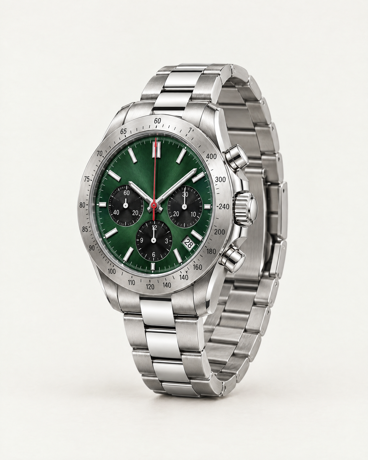 Chronograph Watch Sleek Precise in silver and green, side view