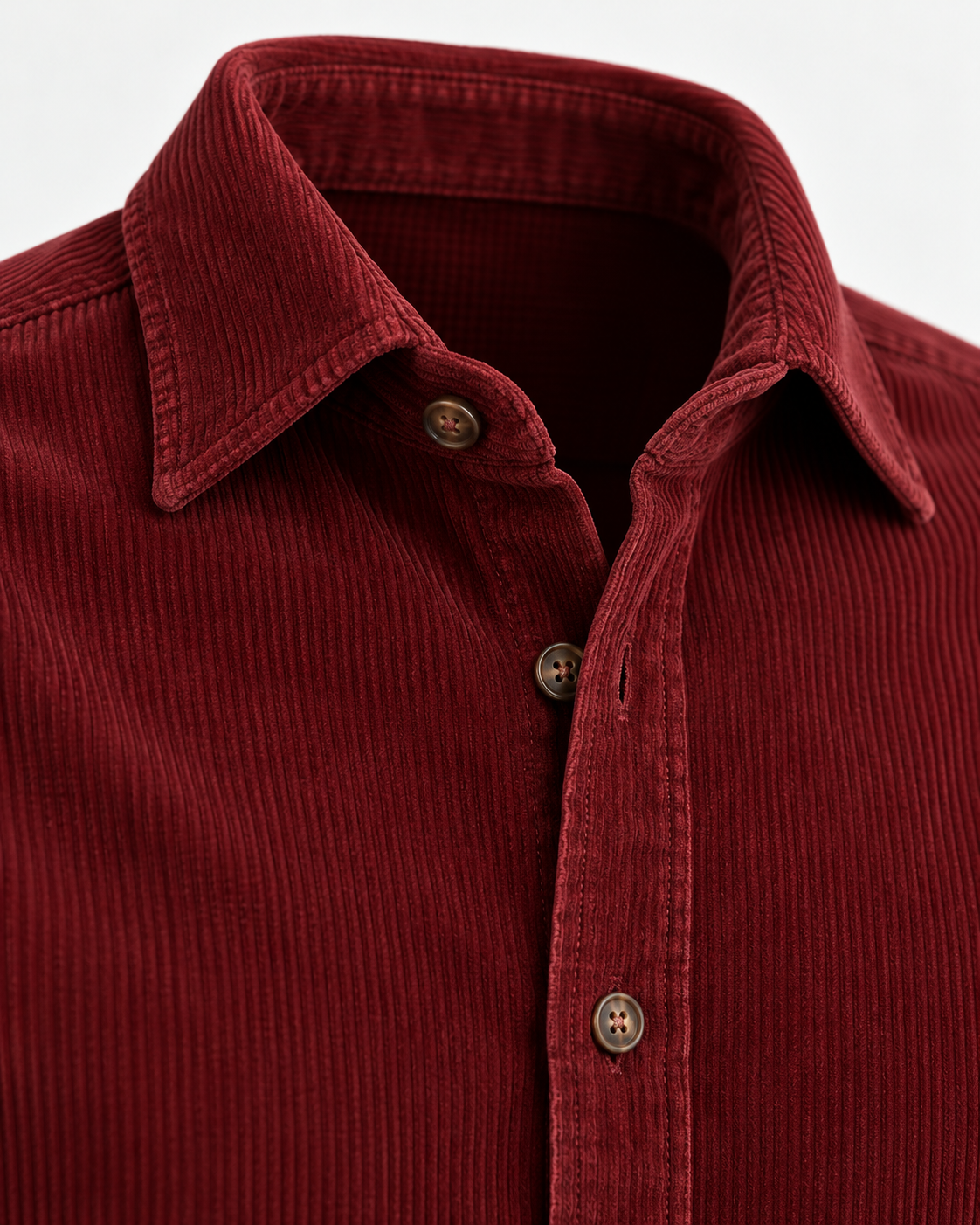 Point collar and button detail of the Corduroy Shirt Rustic Refined