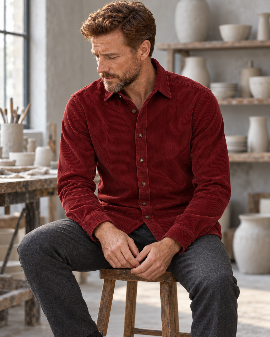 Man seated wearing the Corduroy Shirt Rustic Refined in dark wine red in a ceramic workshop