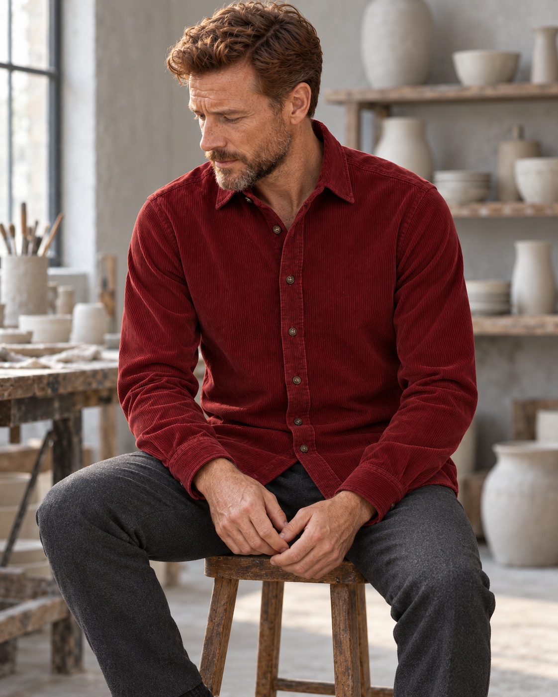 Man seated wearing the Corduroy Shirt Rustic Refined in dark wine red in a ceramic workshop