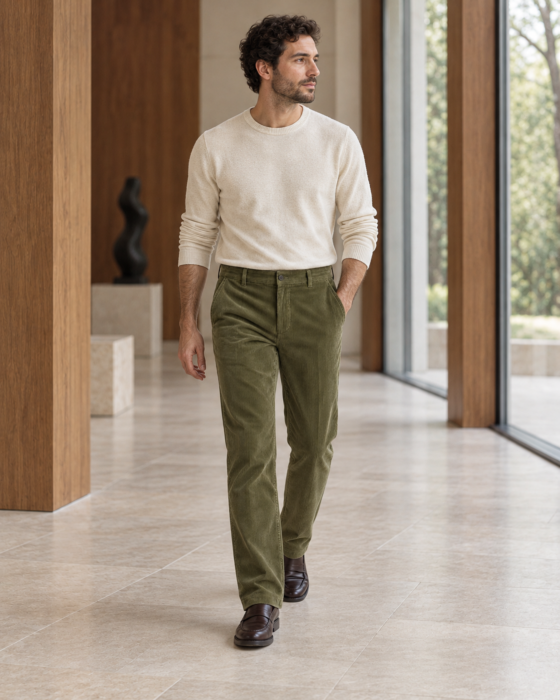 Man walking indoors wearing Corduroy Trousers Refined Heritage in olive