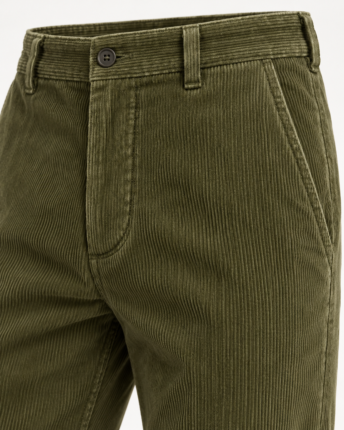 Waistband, button and slanted pocket detail of Corduroy Trousers Refined Heritage