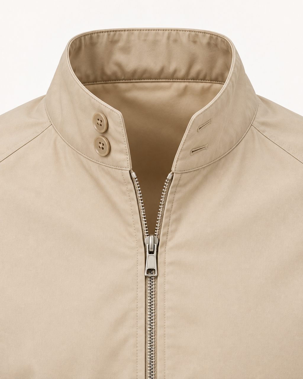 Two-button stand collar and silver zip detail of the Harrington Jacket Timeless Refined