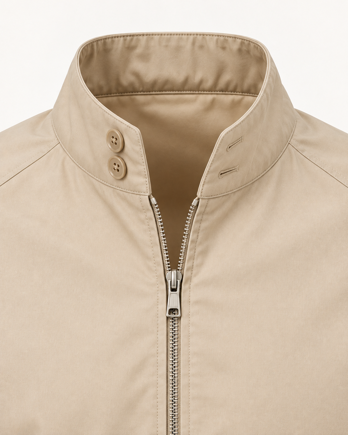 Two-button stand collar and silver zip detail of the Harrington Jacket Timeless Refined
