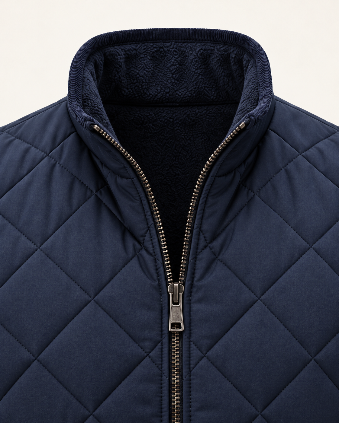 Stand collar and zip detail of the Quilted Gilet Classic Refined