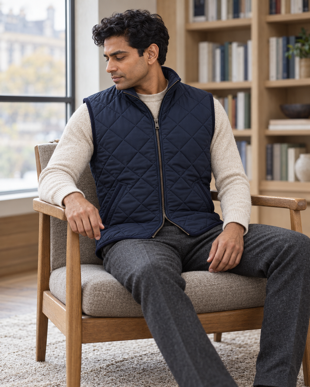 Man seated wearing the Quilted Gilet Classic Refined in a reading room